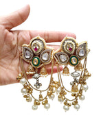 Royal Kundan Peacock Kalash Earrings with Emerald Accents, Multi-Chain Saharas & Pearl Drops – Bridal Jewelry