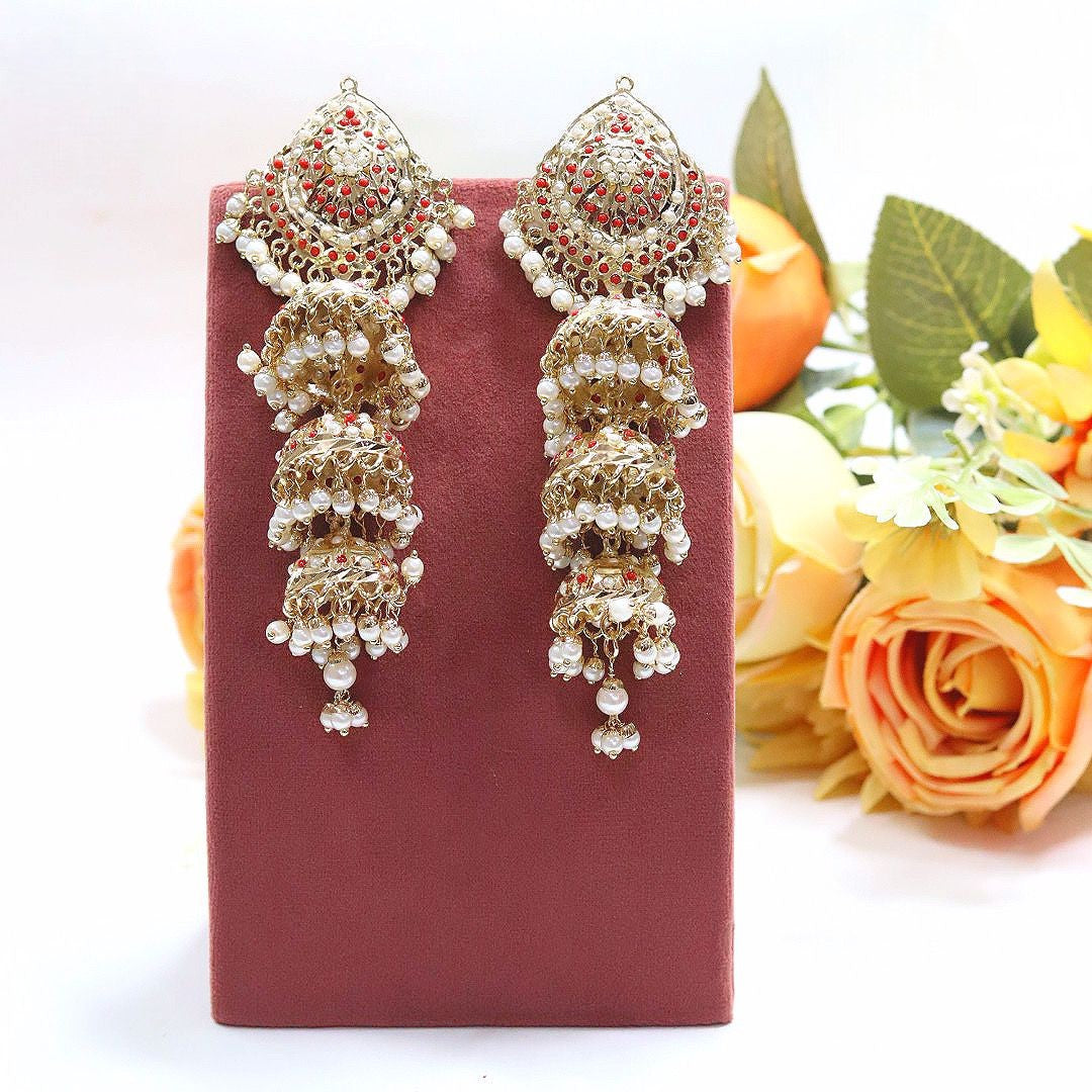 Antique Gold Plated Long Kundan Jhumka Earrings with Pearl Drops – Bridal Jewelry