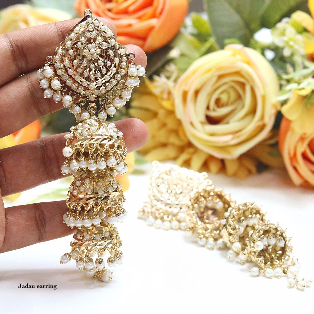 Antique Gold Plated Long Kundan Jhumka Earrings with Pearl Drops – Bridal Jewelry