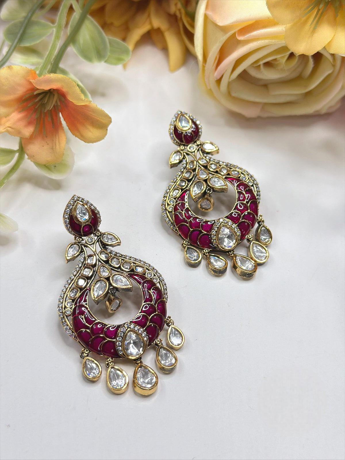 Multicolour Meenakari Kundan Chandbali Earrings with Pear-Shaped Stones – Traditional Indian Jewelry