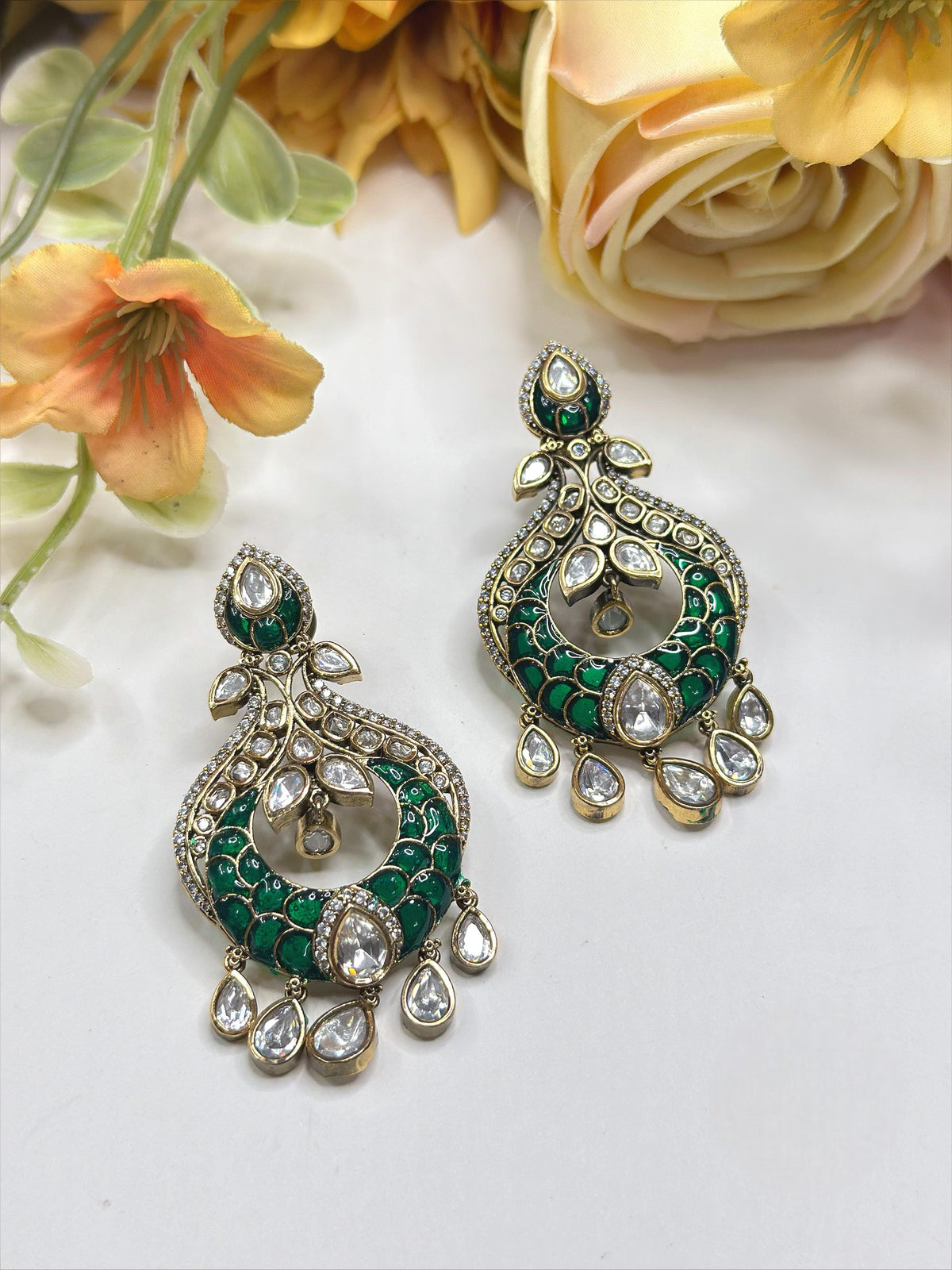Multicolour Meenakari Kundan Chandbali Earrings with Pear-Shaped Stones – Traditional Indian Jewelry
