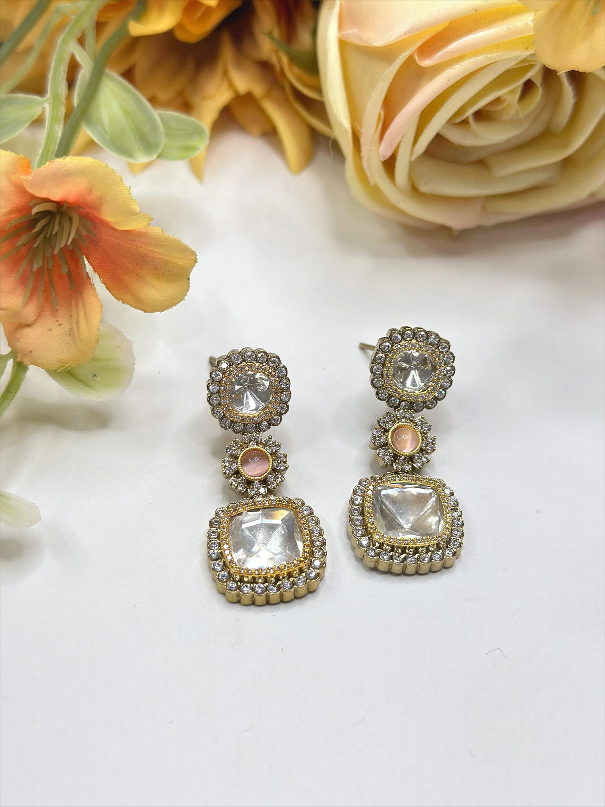 Gold-Plated Square Kundan Drop Earrings with Ruby Accent – Elegant Party Wear Jewelry