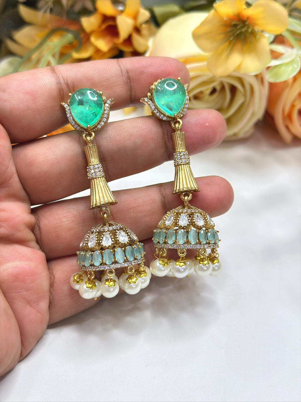 Mint Green Stone & Pearl Jhumka Earrings
