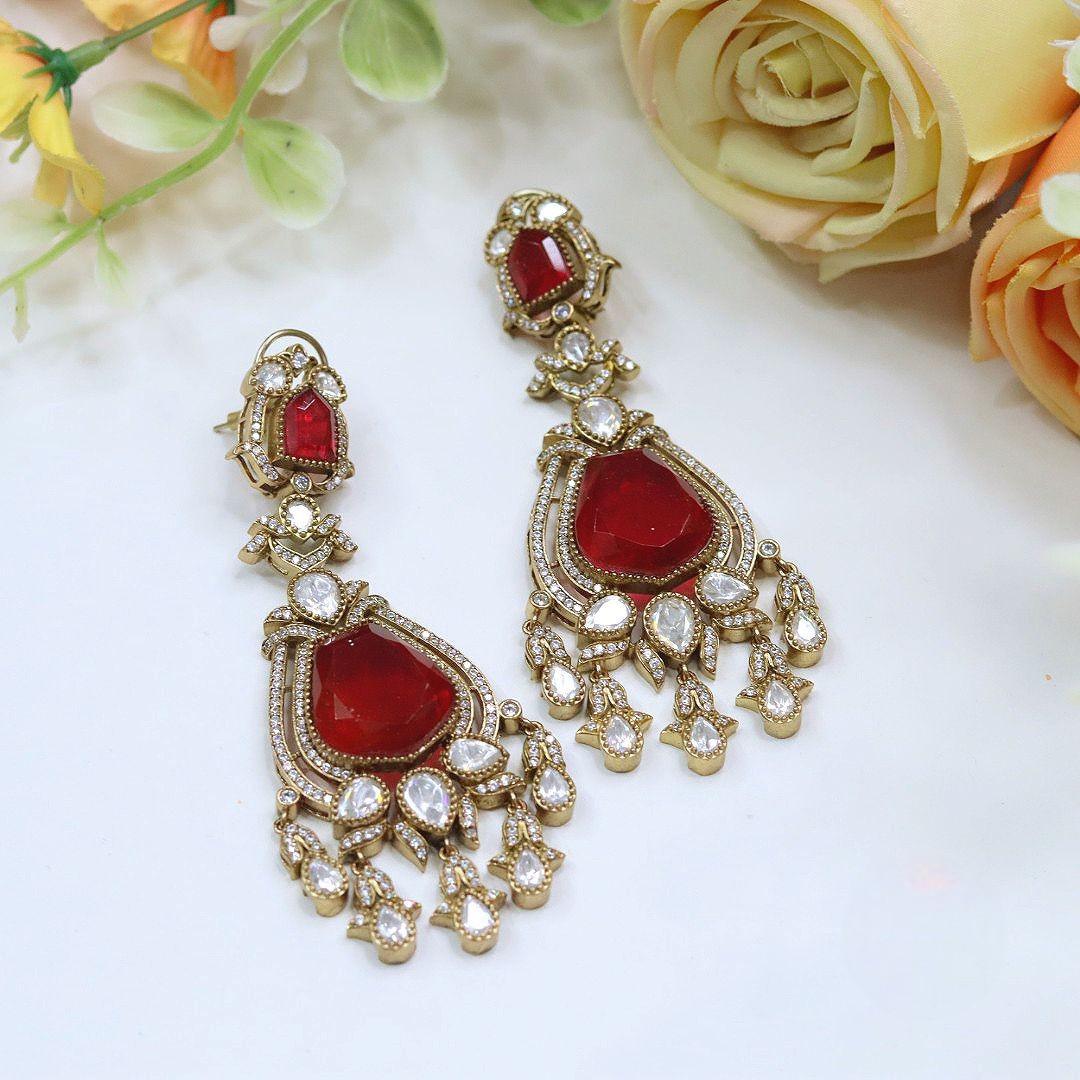 Royal Pink Drop AD Earrings – Luxury Bridal & Party Wear Jewelry