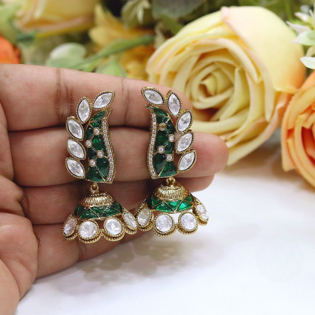 Elegant Blue and White Stone Peacock Jhumka Earrings