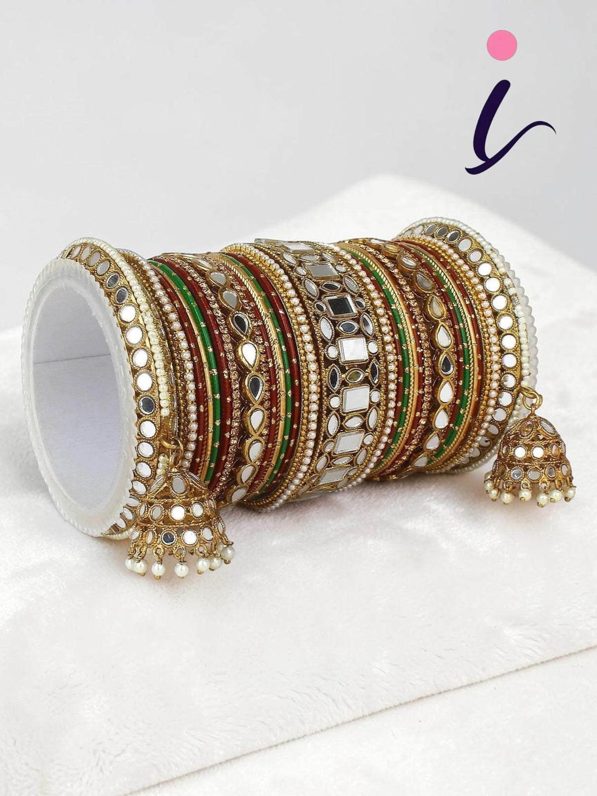 Mirror Velvet Bangles Set with Jhumki | Brass Metal Mirror Bridal Bangles Set for Women | Traditional Wedding & Festive Jewelry