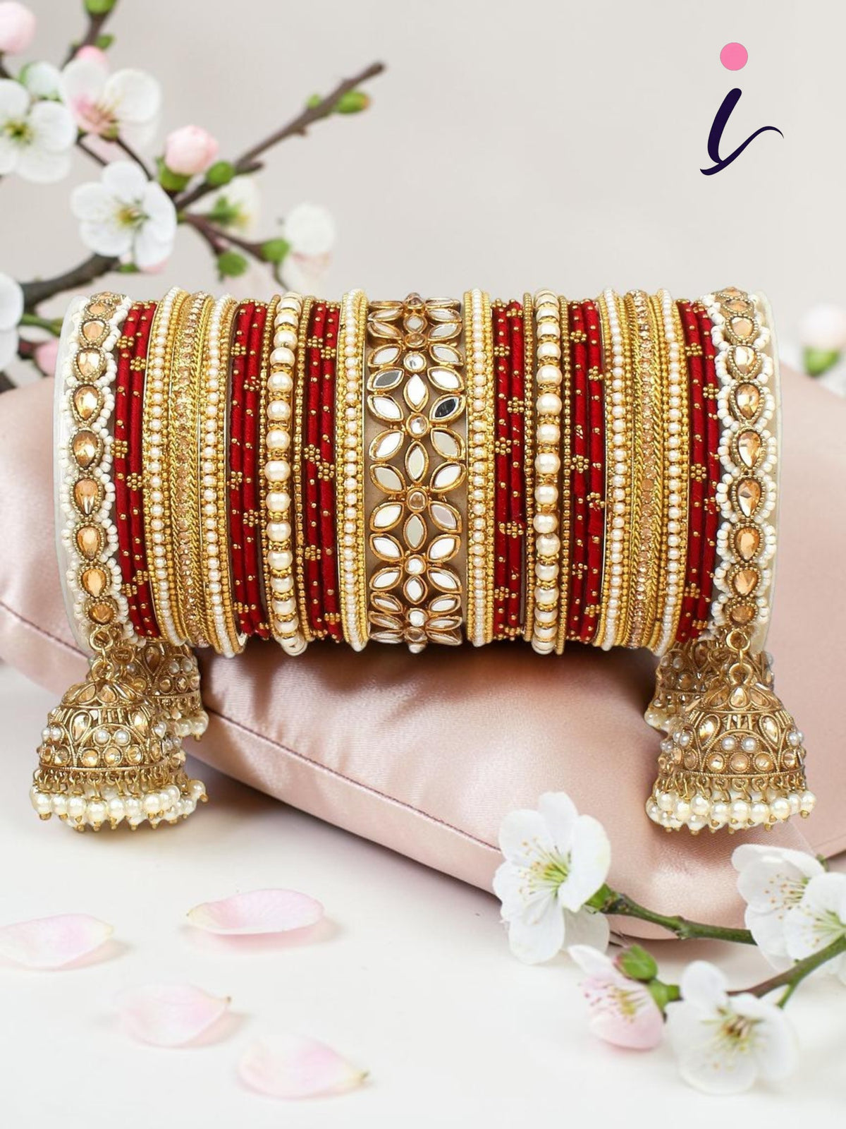 Bridal Thread Bangles Set with Golden Pearl Tassel Latkan & Mirror Kada | Traditional Wedding Chooda Bangles, Designer Bridal Jewelry for Women