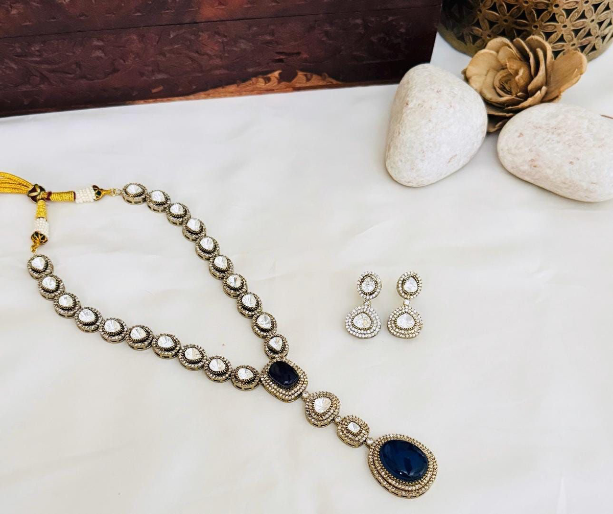 Punjabi Silver Plated Polki Necklace Set For Wedding