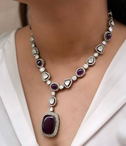 Punjabi Silver Plated Polki Necklace Set For Wedding