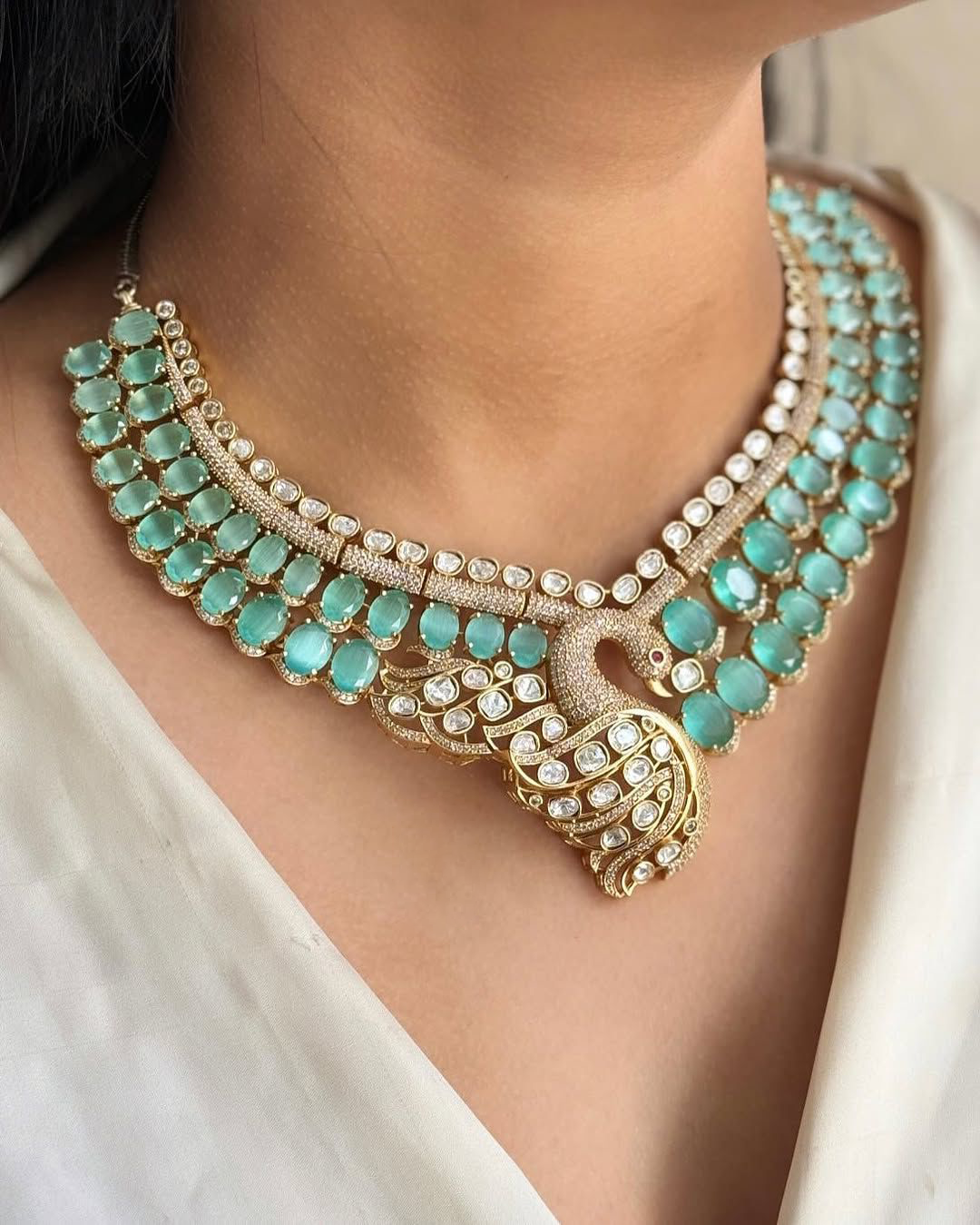 Indian Peacock Inspired Pale Green Choker Earrings Set