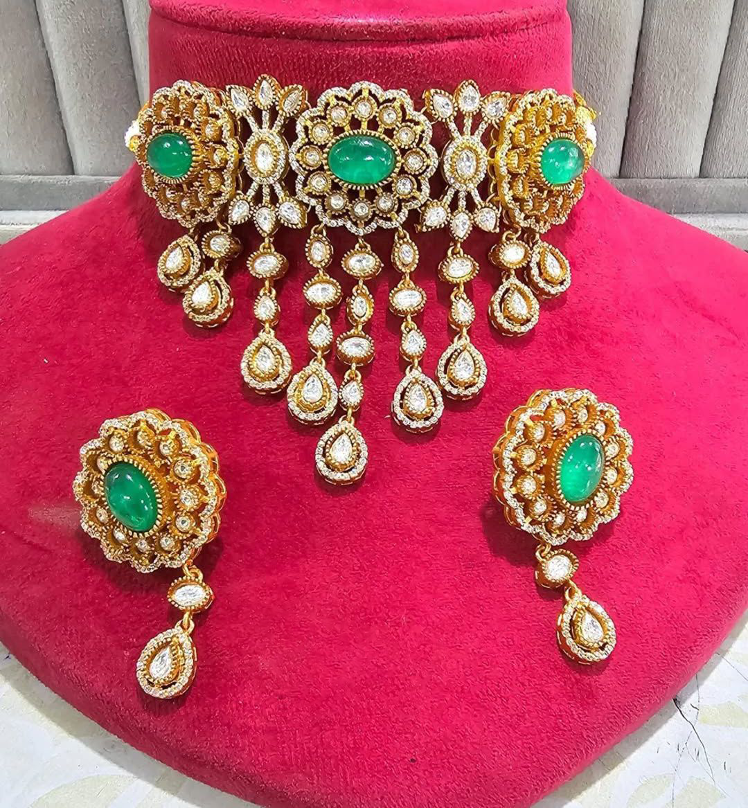 Traditional Gold Plated Polki Work Festive Choker Earrings Set For Women