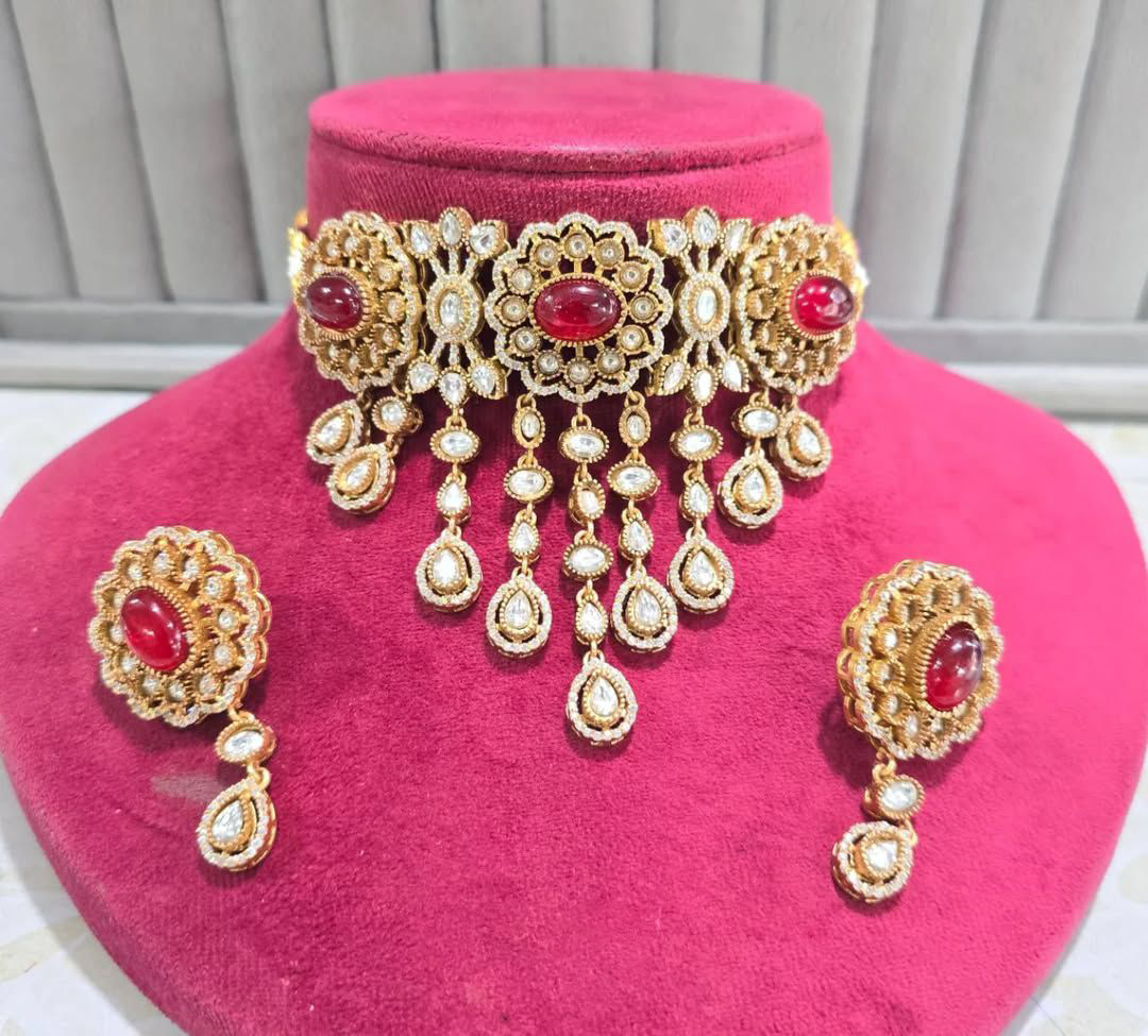 Traditional Gold Plated Polki Work Festive Choker Earrings Set For Women