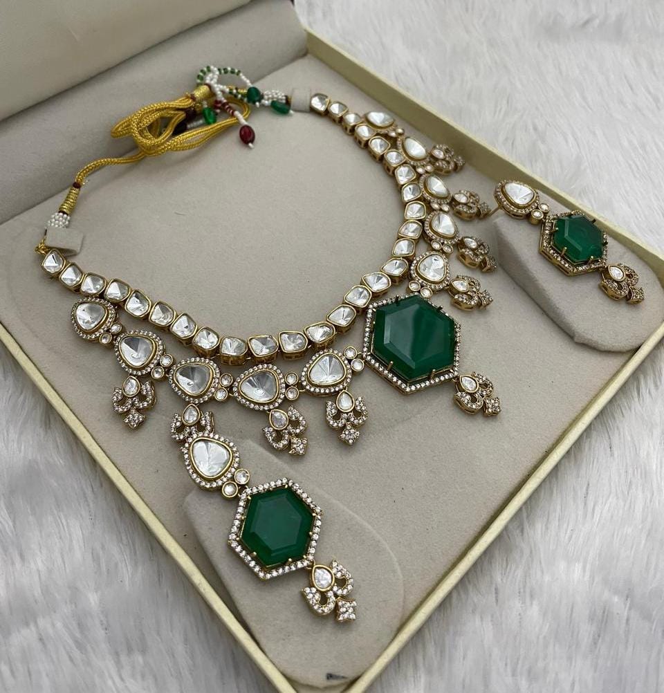 Bridal Polki Indian Ethnic Kundan Necklace Earrings For Wedding