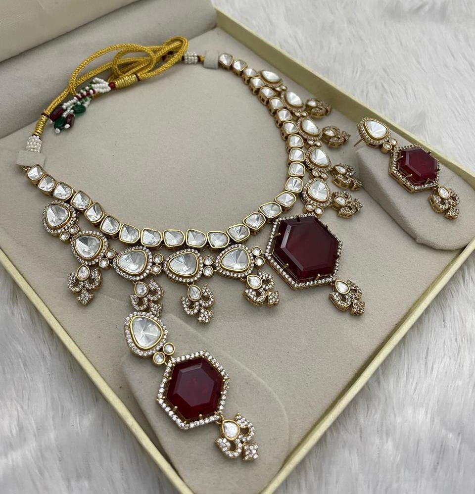 Bridal Polki Indian Ethnic Kundan Necklace Earrings For Wedding