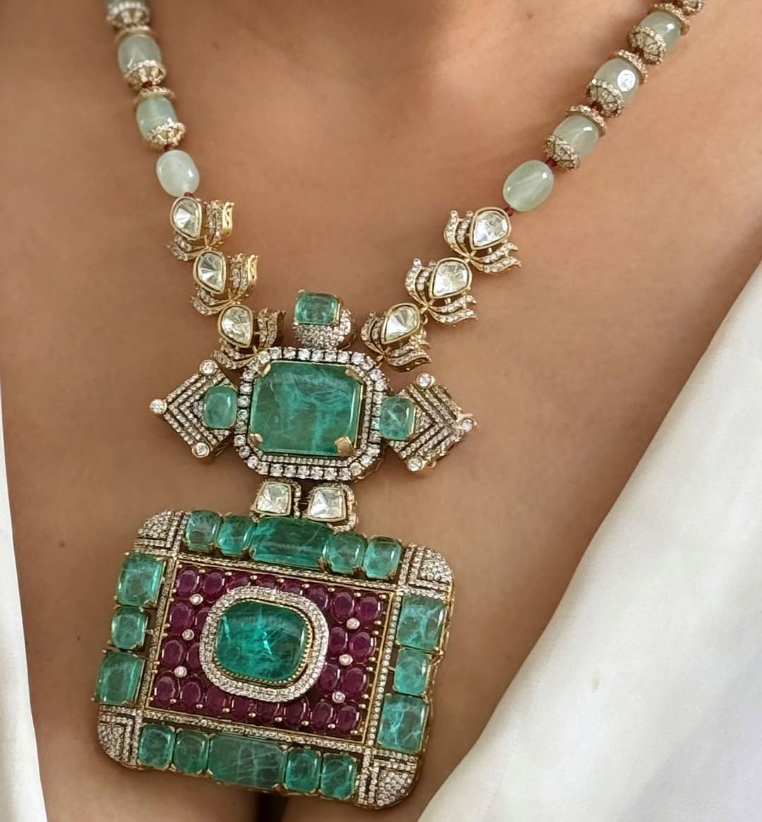 Rajsthani Royal Dangling Polki Necklace Earrings Kundan Jewelry Set