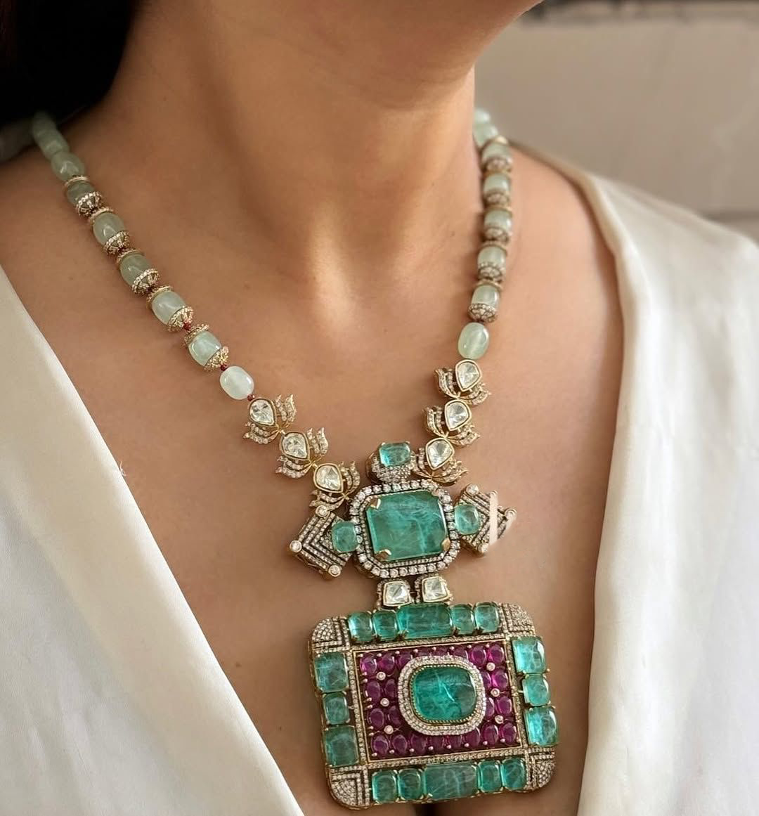 Rajsthani Royal Dangling Polki Necklace Earrings Kundan Jewelry Set