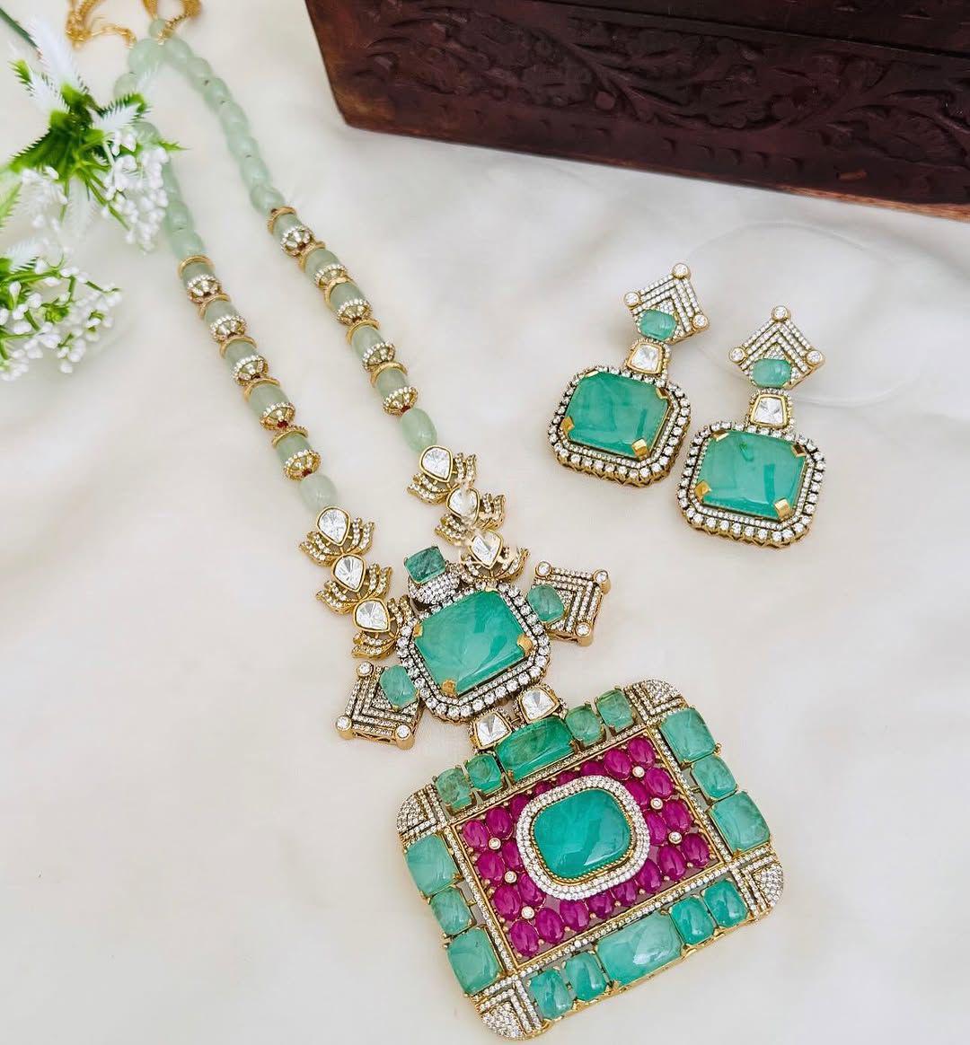 Rajsthani Royal Dangling Polki Necklace Earrings Kundan Jewelry Set