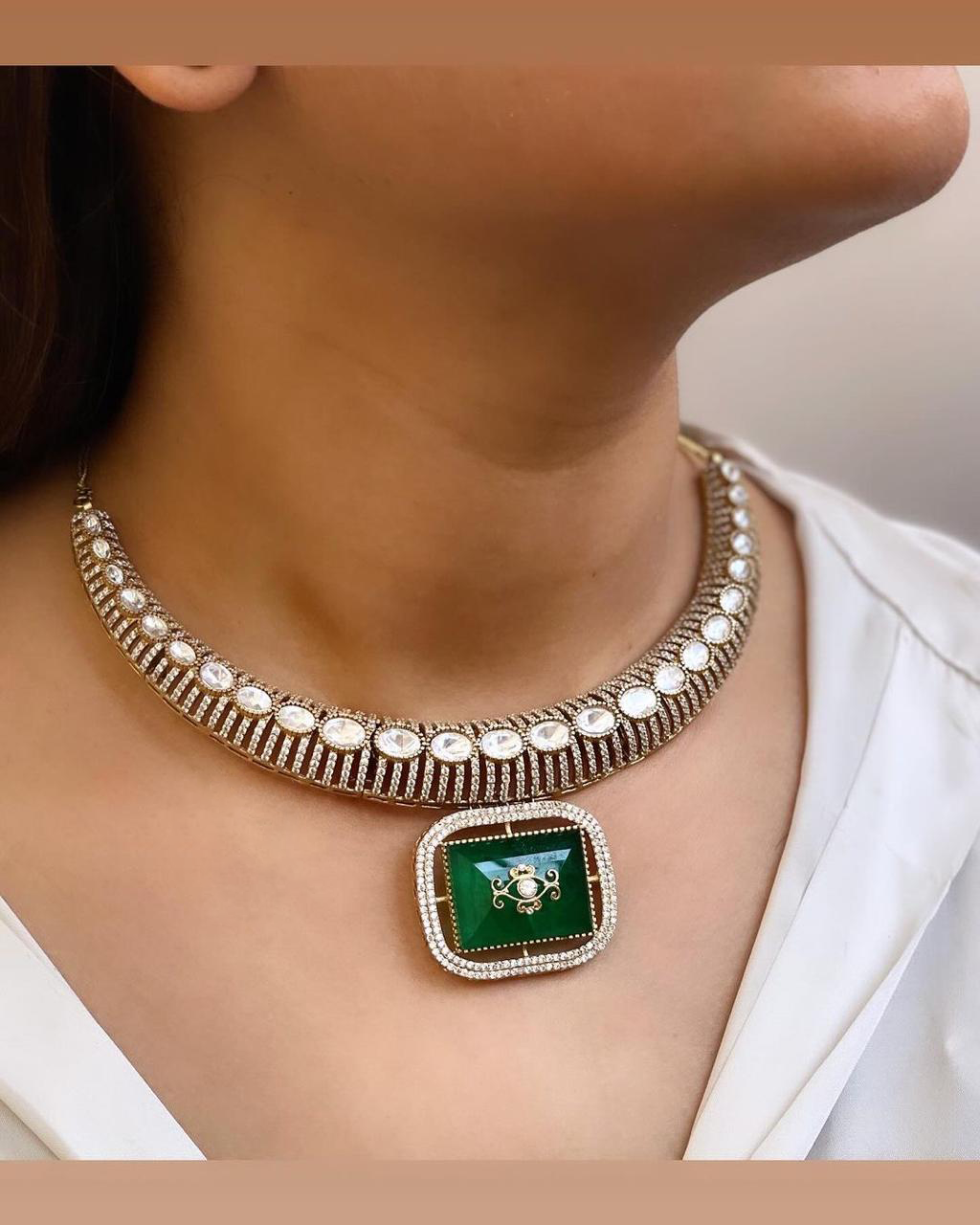 Pakistani Gold Plated Polki Choker Earrings Set For Women