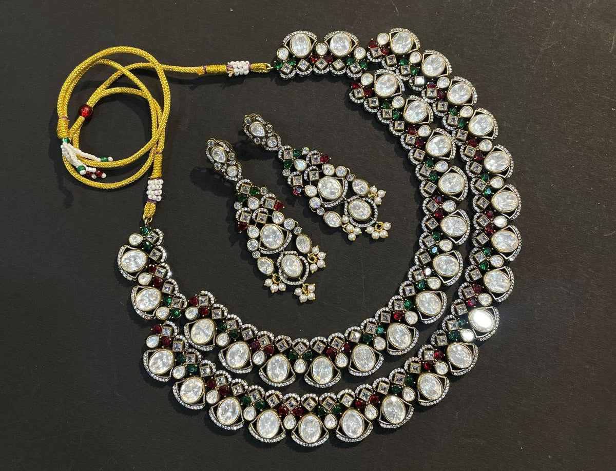 Double Layer Polki White Choker Earrings Set For Wedding