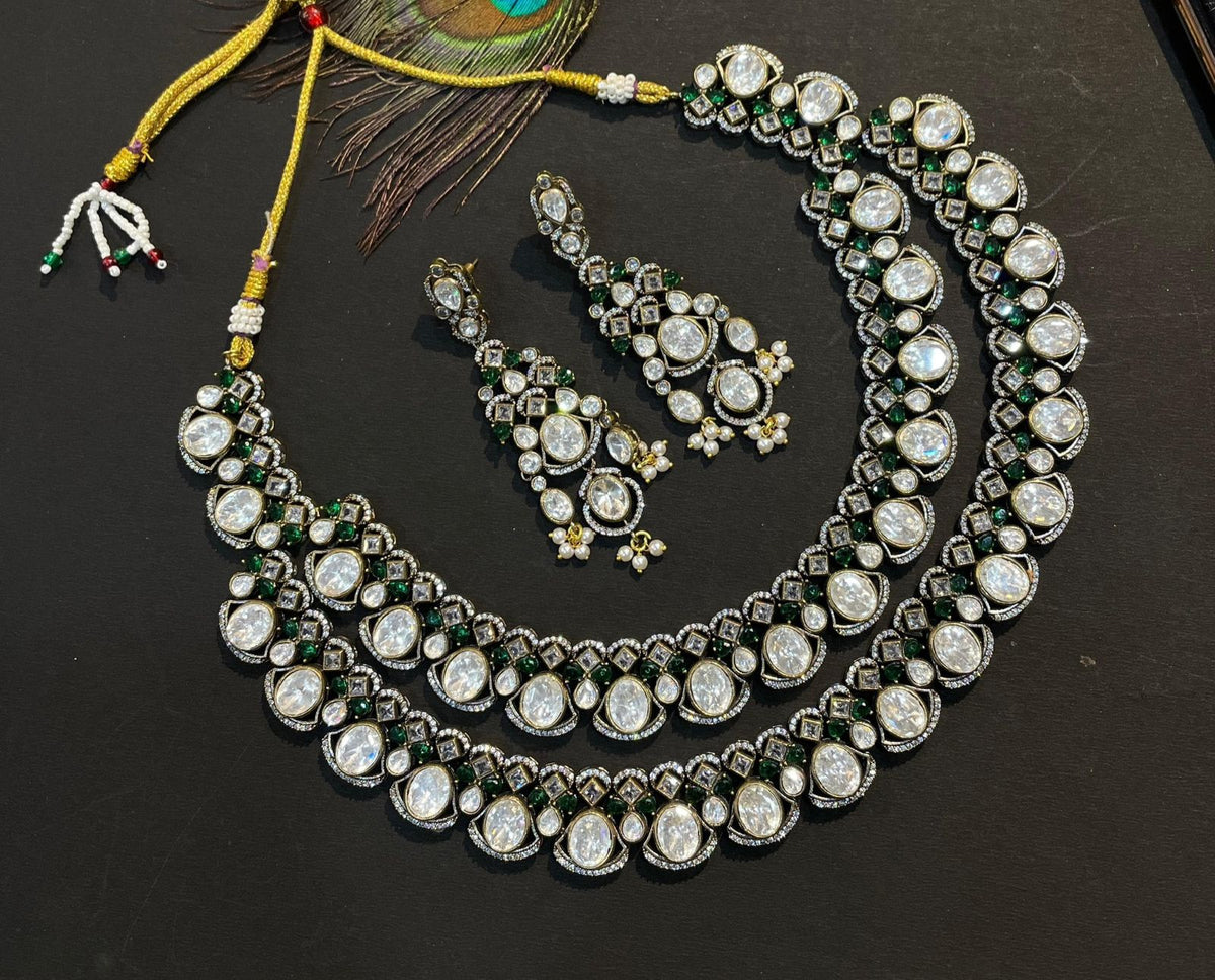 Double Layer Polki White Choker Earrings Set For Wedding