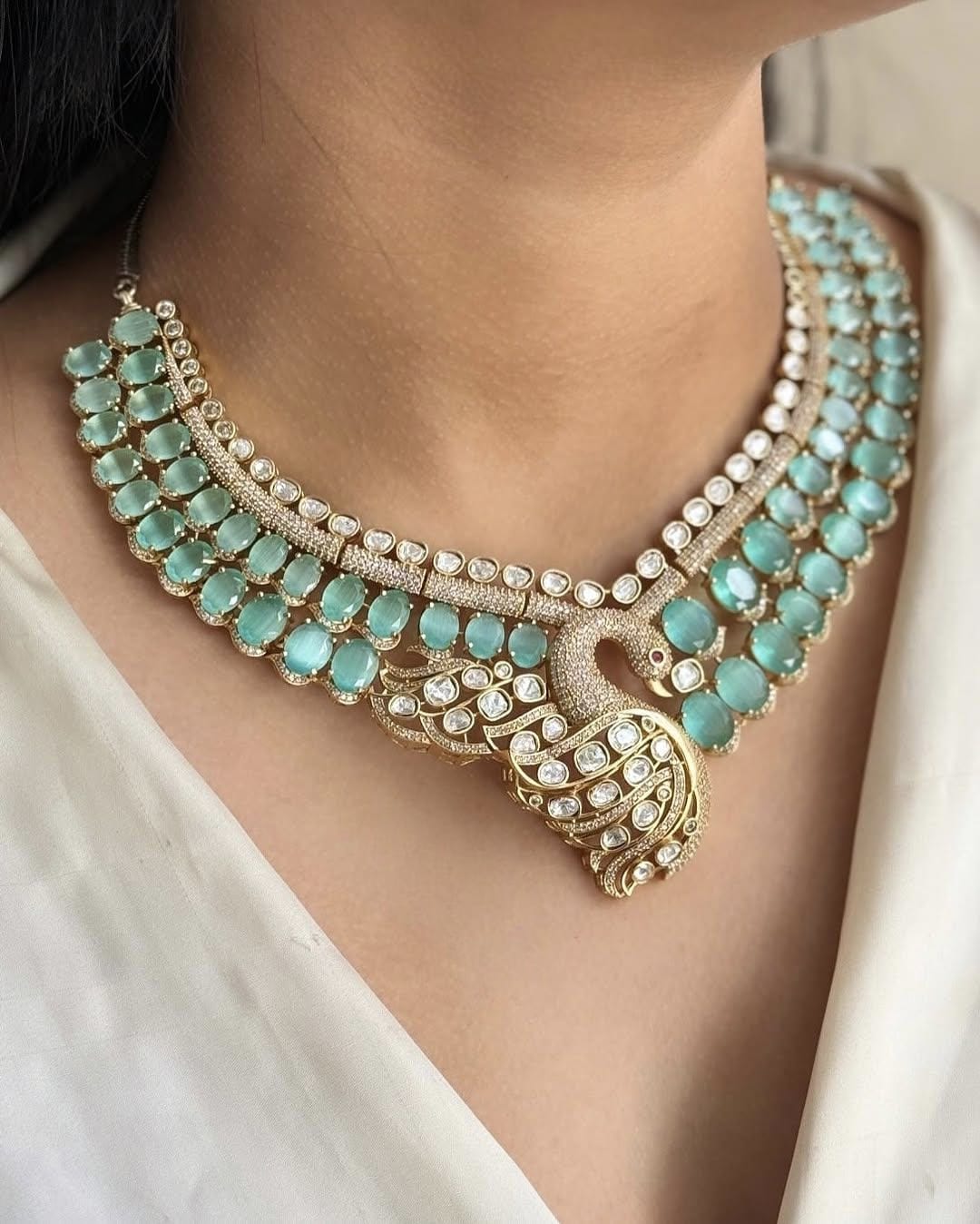 Jaipuri Pale Green Peacock Design Kundan Polki Choker Earrings Set | Kundan Jewelry | Indian Jewelry | Pakistani Necklace Set | Traditional Jewelry