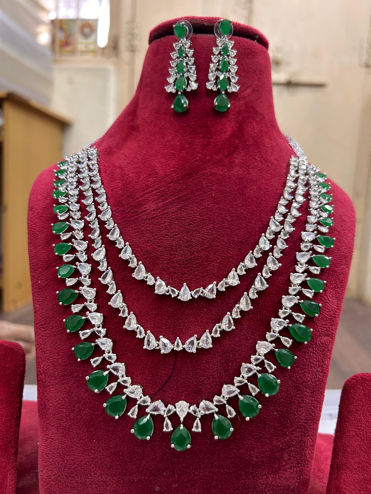 Multi Layer Pink CZ Sapphire Necklace Chandelier Earrings Set | Kundan Jewelry | AD Jewelry | Indian Jewelry | Traditional Jewelry