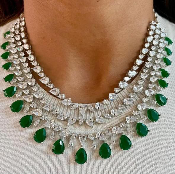 Multi Layer Pink CZ Sapphire Necklace Chandelier Earrings Set | Kundan Jewelry | AD Jewelry | Indian Jewelry | Traditional Jewelry