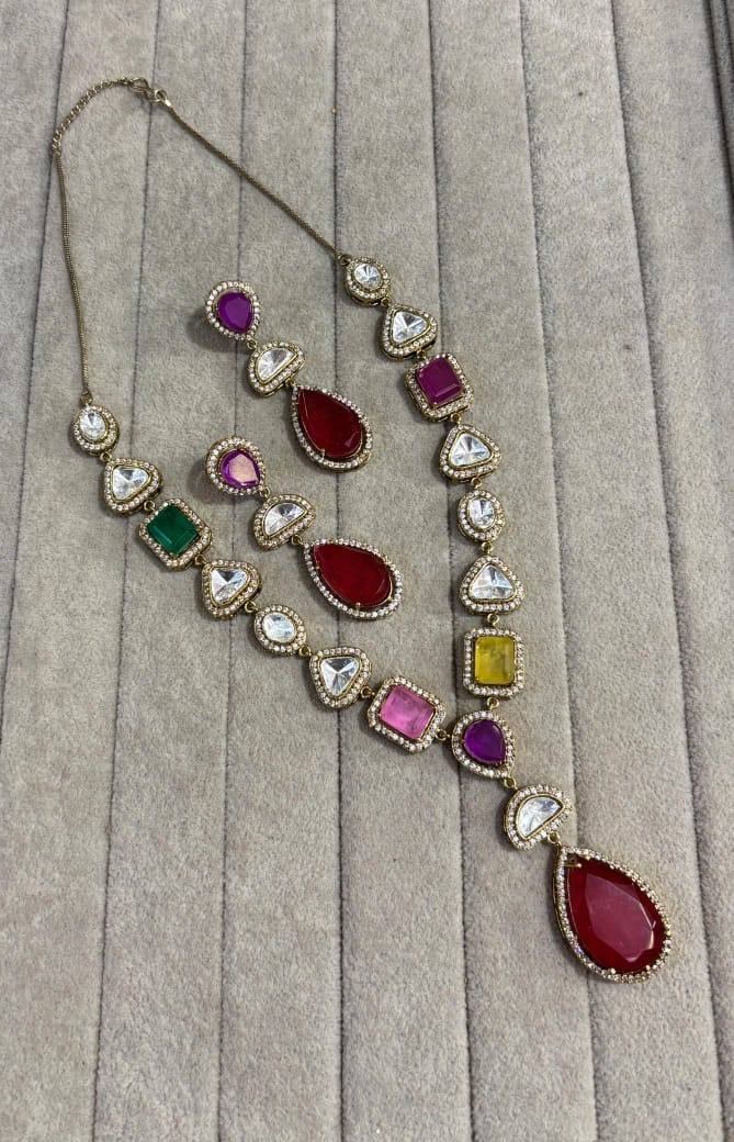 Bollywood Design Teardrop AD Necklace Earrings Set | Kundan Jewelry | AD Jewelry | Indian Jewelry | Traditional Jewelry