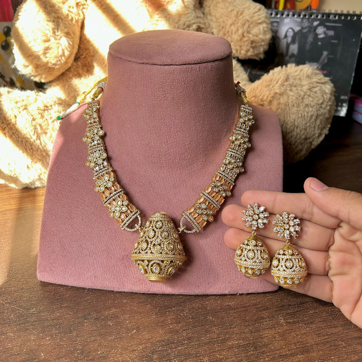 Traditional craftsmanship Indian cubic zirconia Necklace Earrings Set | Kundan Jewelry | AD Jewelry | Indian Jewelry