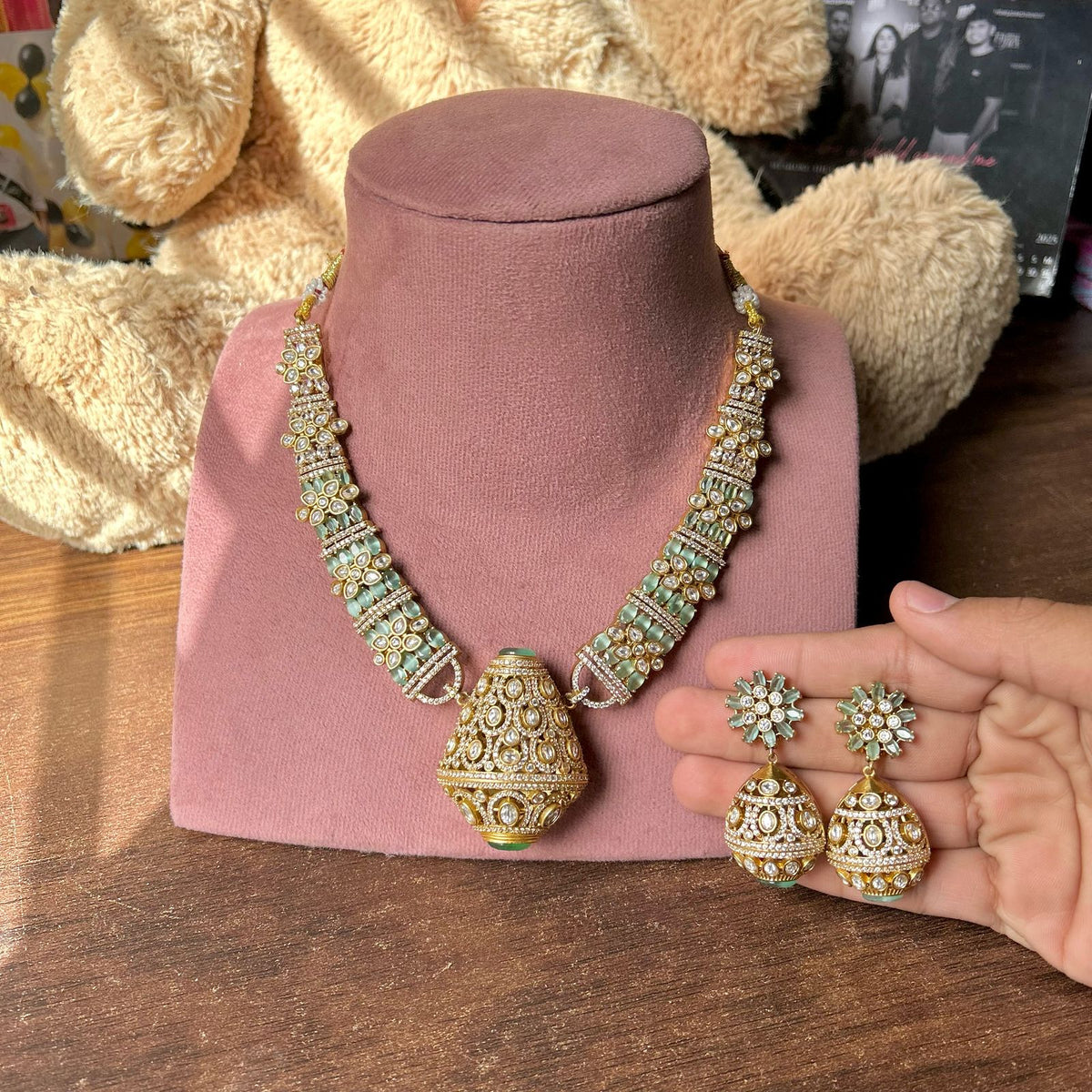 Traditional craftsmanship Indian cubic zirconia Necklace Earrings Set | Kundan Jewelry | AD Jewelry | Indian Jewelry