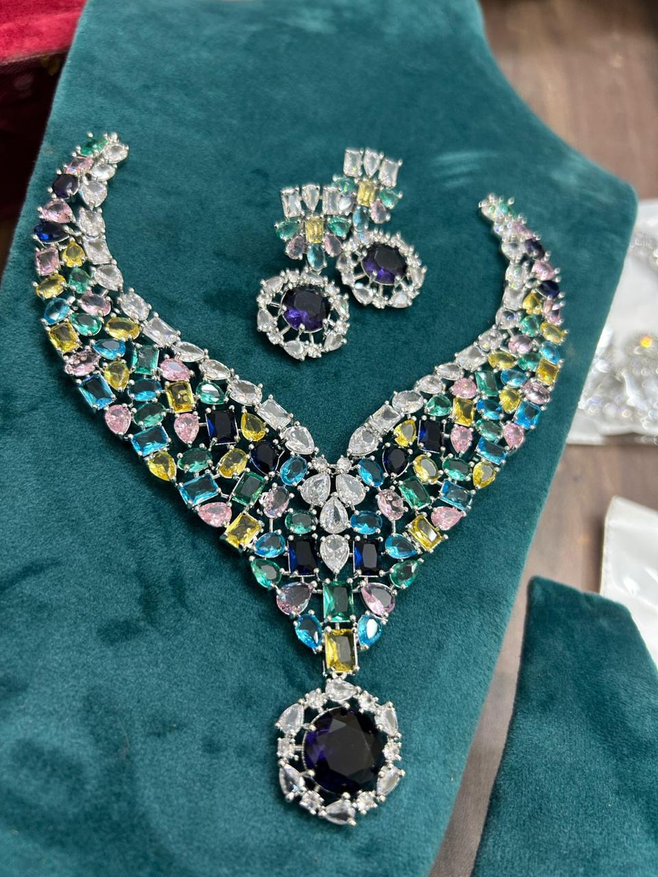 Bridal Wedding Silver Plated CZ AD Beaded Choker Earring Indian Jewelry Set