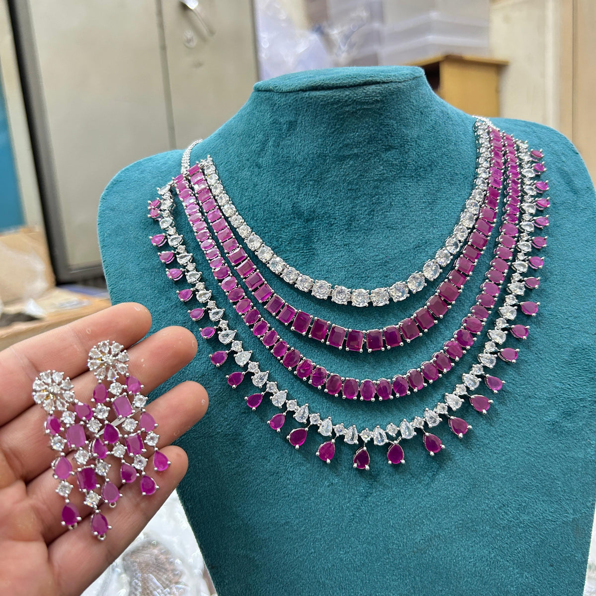 Indian Multi Layered Silver Tone AD CZ Necklace Earring Set For Wedding