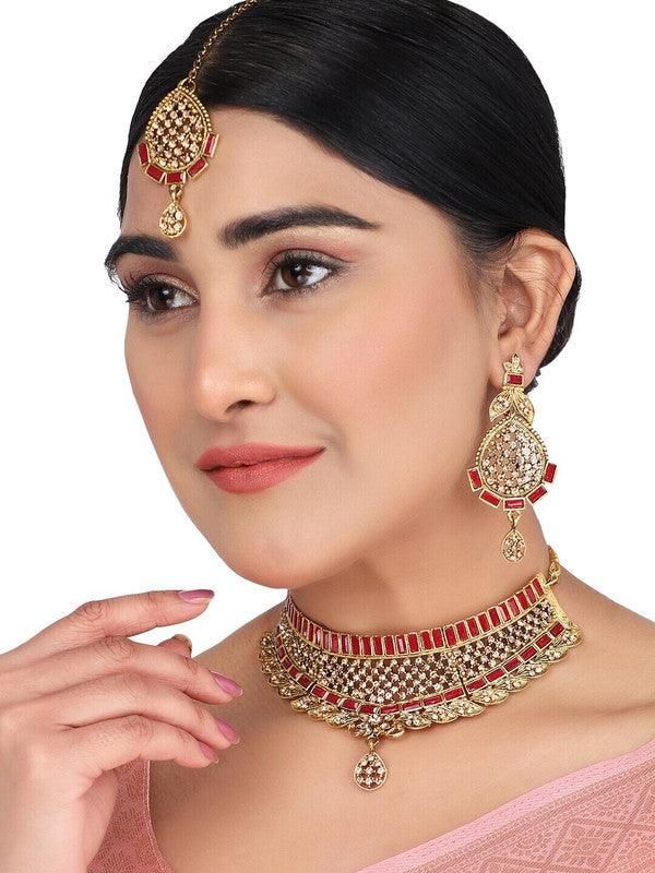Maroon Gold-Plated Crystal Studded Ethnic Bridal Alloy Gold Plated For Bridal Jewellery - Libasaa