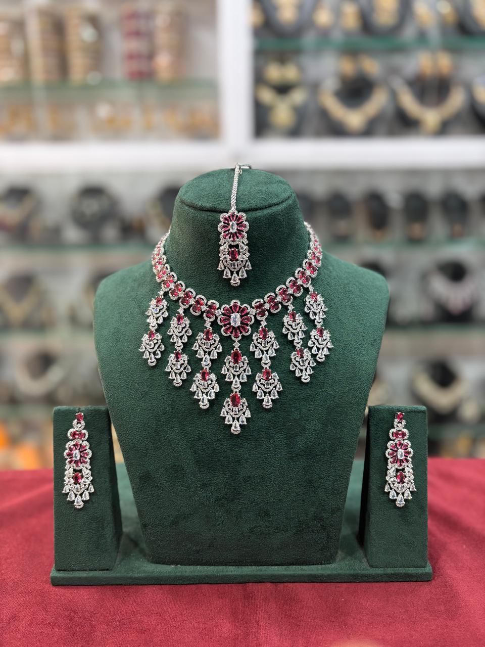 Bridal Americam Diamond Flower Design Choker Earring Maangtikka Set - CZ Indian Floral Choker Set