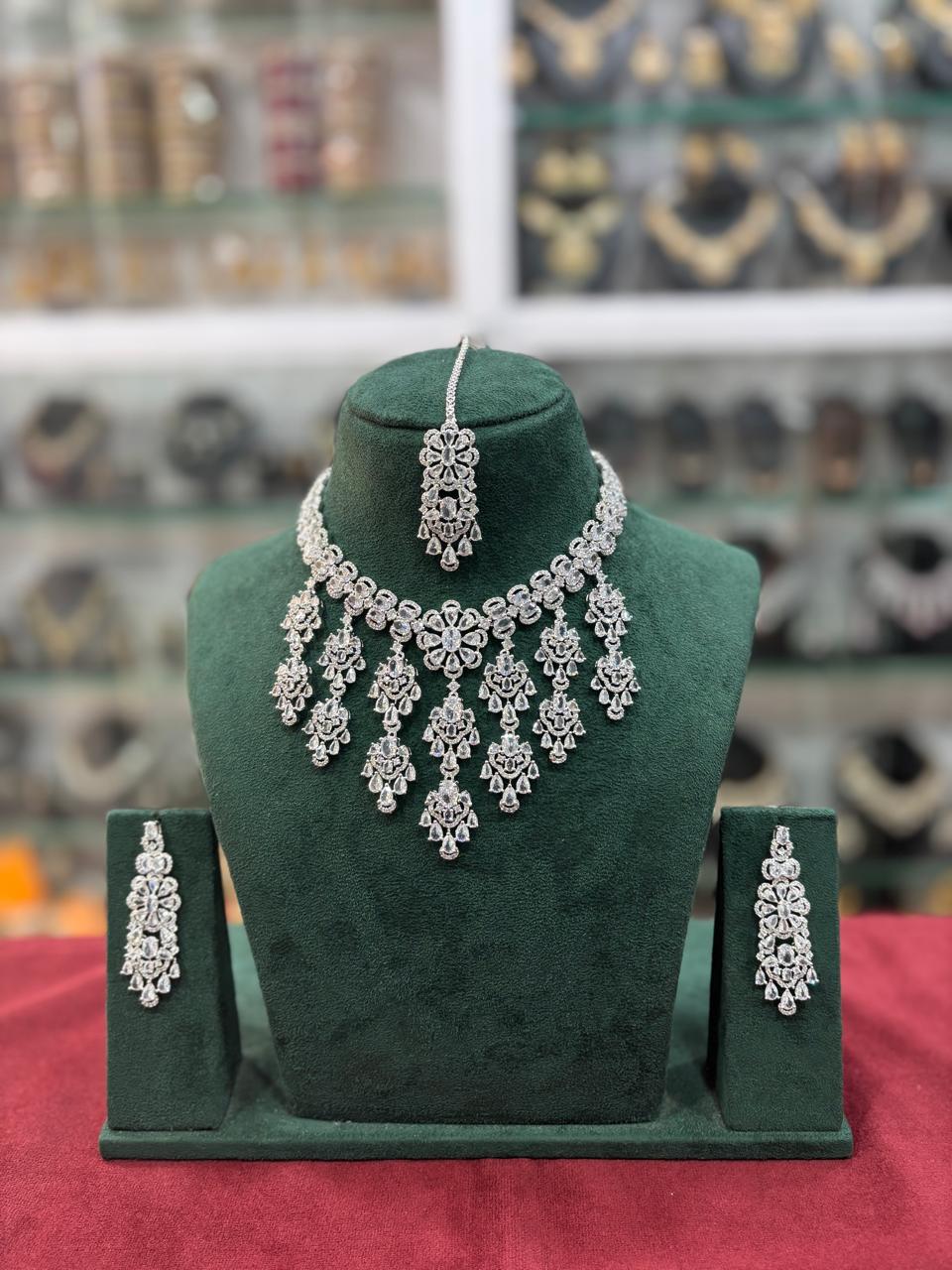 Bridal Americam Diamond Flower Design Choker Earring Maangtikka Set - CZ Indian Floral Choker Set