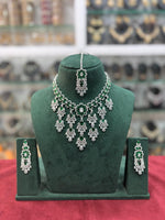 Bridal Americam Diamond Flower Design Choker Earring Maangtikka Set - CZ Indian Floral Choker Set