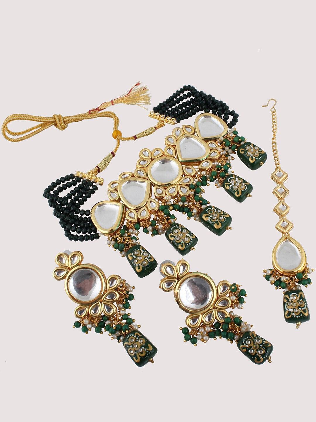 White & Green Kundan-Studded & Pearl Beaded Jewellery Set - Libasaa