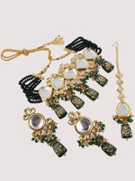 White & Green Kundan-Studded & Pearl Beaded Jewellery Set - Libasaa