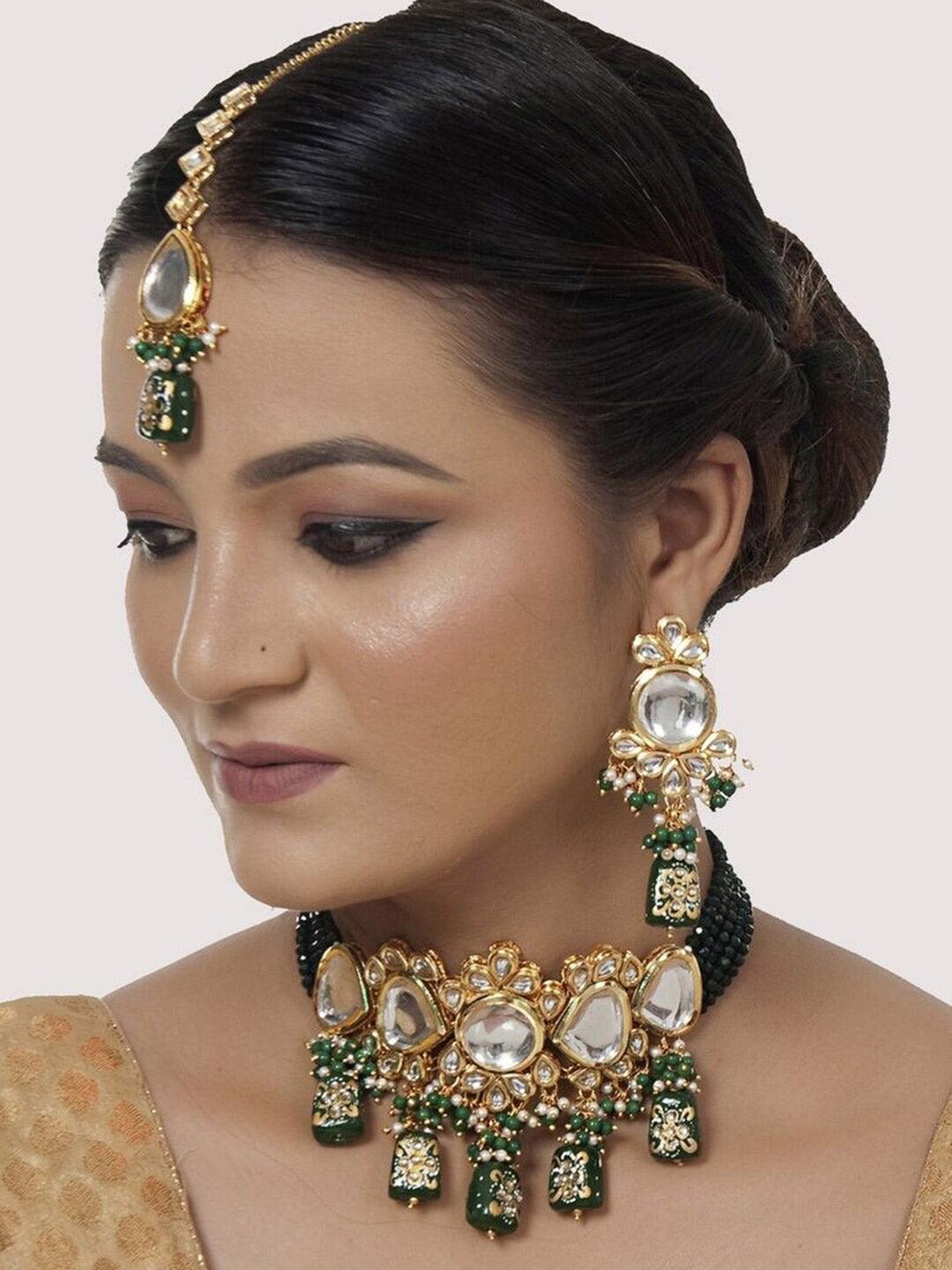 White & Green Kundan-Studded & Pearl Beaded Jewellery Set - Libasaa