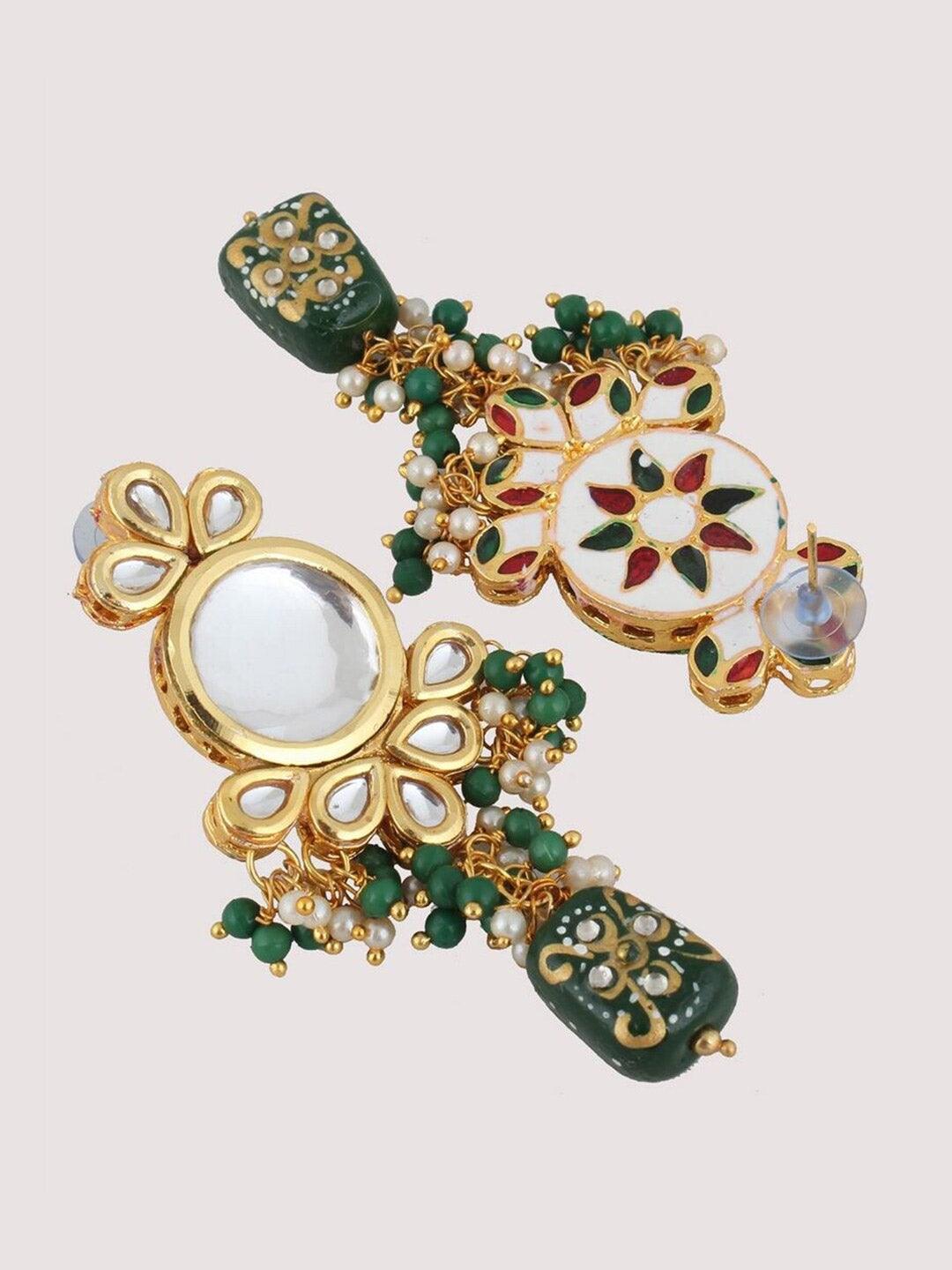 White & Green Kundan-Studded & Pearl Beaded Jewellery Set - Libasaa