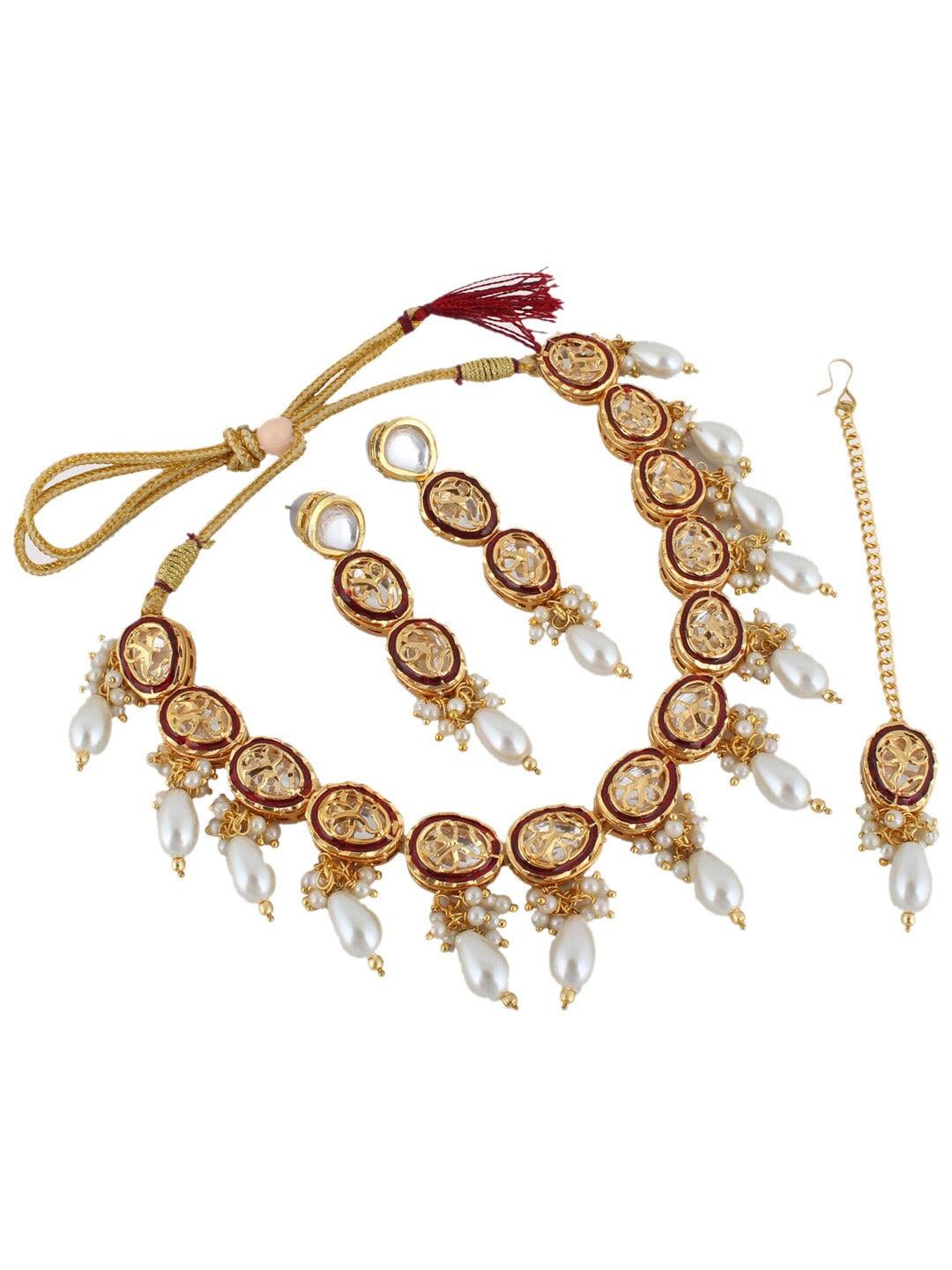 Gold Plated White Kundan Studded Jewellery Set - Libasaa