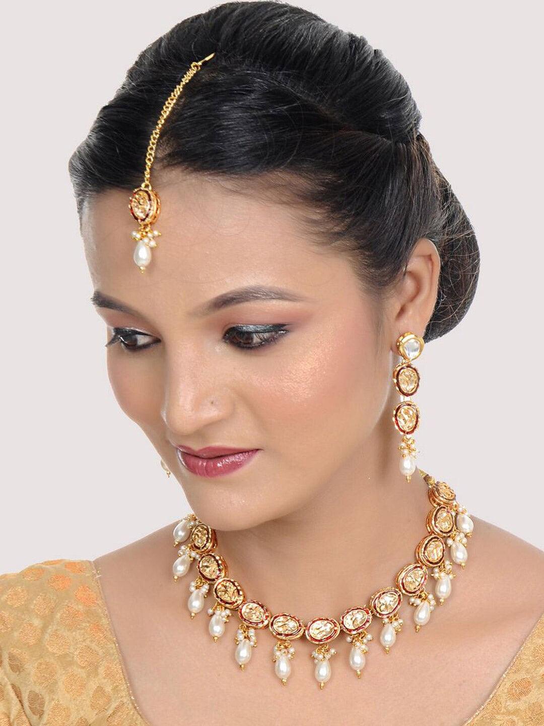 Gold Plated White Kundan Studded Jewellery Set - Libasaa