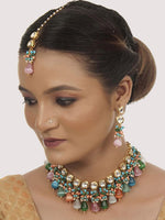 White & Green Kundan Studded & Beaded 18K Gold Plated Handcrafted Jewellery Set - Libasaa