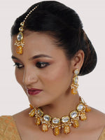 White & Yellow Gold-plated Kundan-Studded & Beaded Jewellery Set - Libasaa