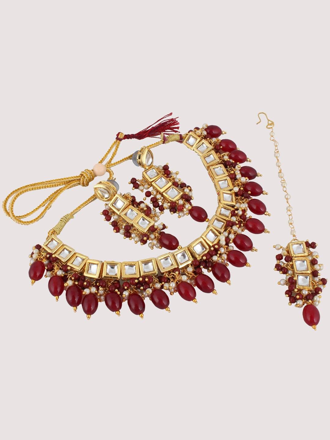 White & Maroon Gold-Plated Kundan-Studded & Beaded Jewellery Set - Libasaa