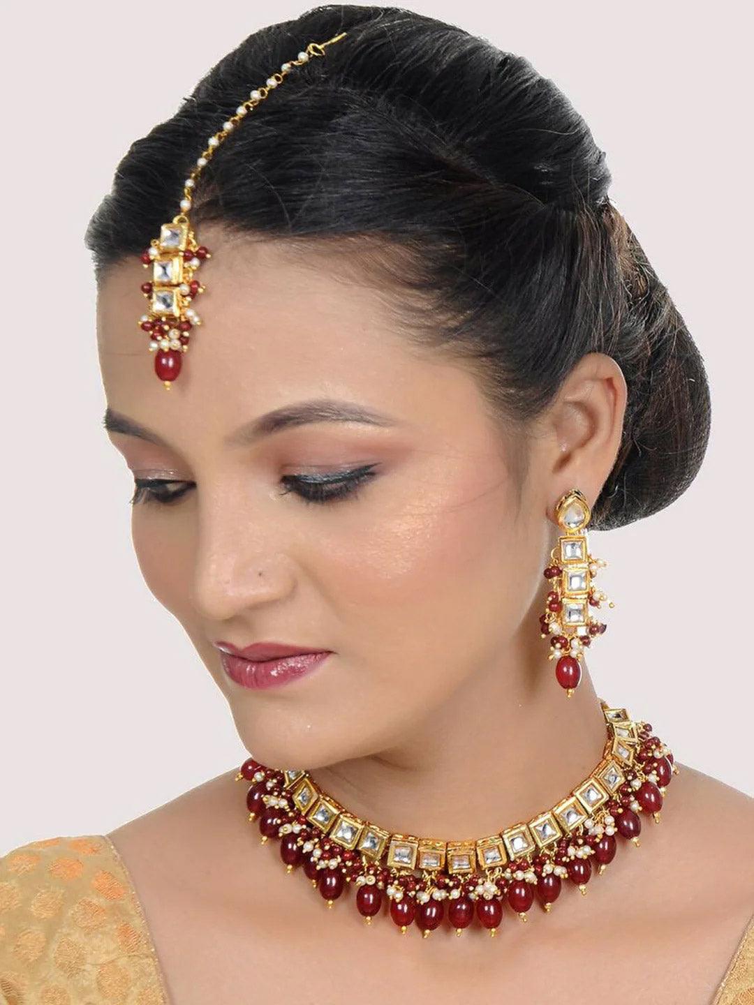 White & Maroon Gold-Plated Kundan-Studded & Beaded Jewellery Set - Libasaa