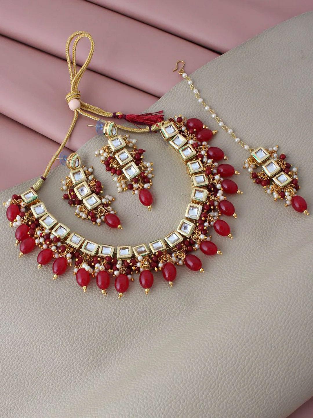 White & Maroon Gold-Plated Kundan-Studded & Beaded Jewellery Set - Libasaa