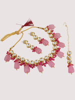 White & Pink Gold-Plated Kundan-Studded & Beaded Jewellery Set - Libasaa