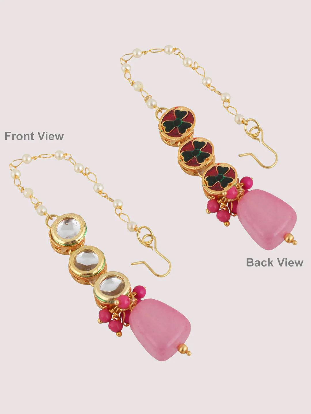 White & Pink Gold-Plated Kundan-Studded & Beaded Jewellery Set - Libasaa