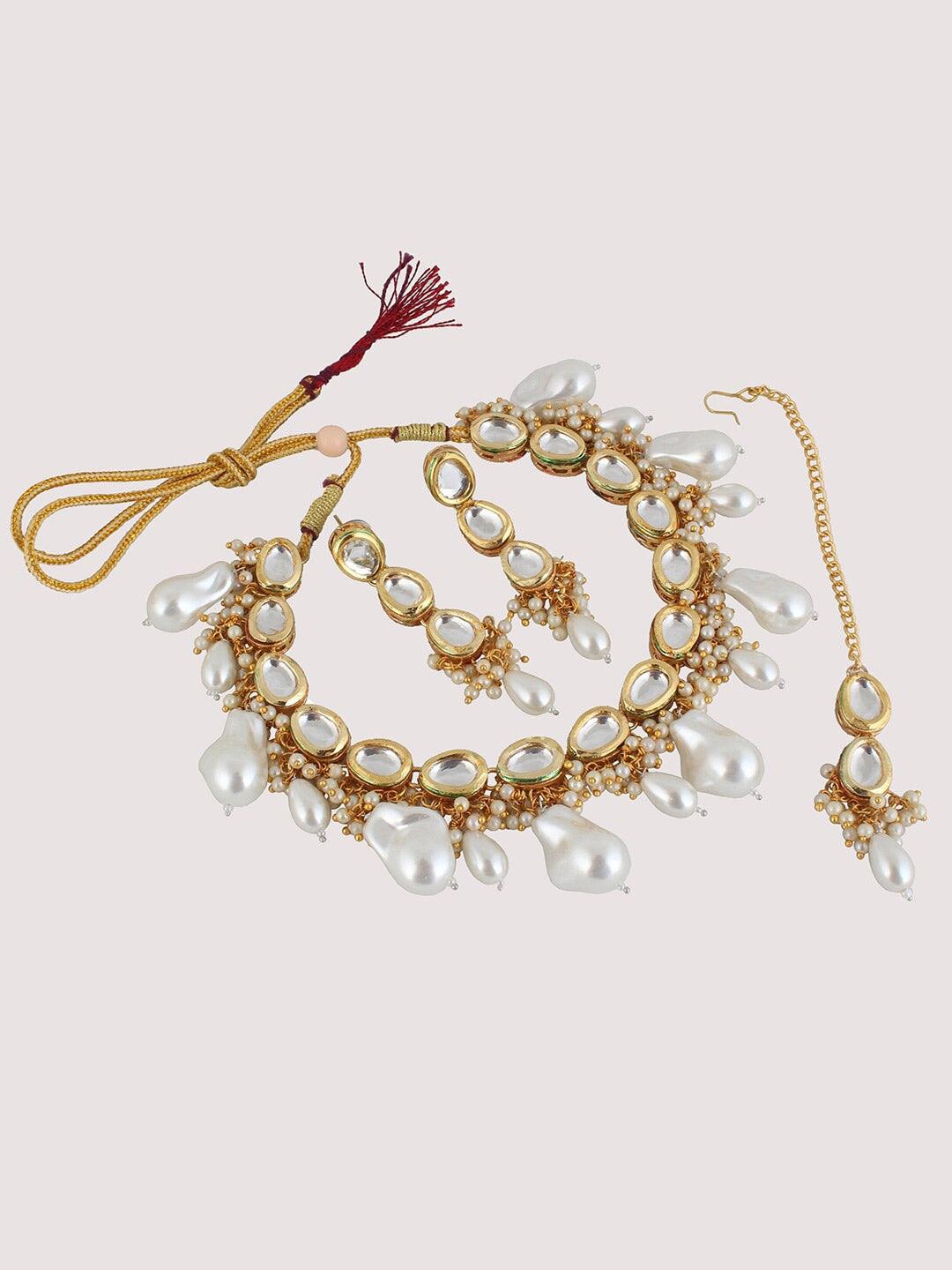 White 18k Gold Plated Kundan-Studded & Beaded Jewellery Set - Libasaa